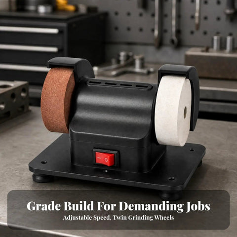 No Nonsense Benchtop Grinding Machine With Twin Wheel Sharpening And Polishing Pure Copper Motor Stable Rubber Base A Rock Solid Shop Dog For Daily Garage And Workshop Use on a metal workbench