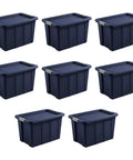 Eight Pack Heavy Duty Storage Bins With Secure Snap Lids Rock Solid Plastic Totes Built Like A Tank For Garage Basement Outdoor Campout Gear And Seasonal Gear 30 Gallon Capacity Dark Indigo Bucket - Eight dark indigo plastic storage bins with snap lids, stacked in a grid pattern.