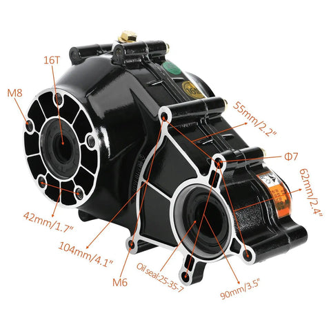 Heavy Duty 16T Rear Axle Differential Gearbox With 9.5:1 Reduction, showing technical dimensions for electric trikes and go-karts.