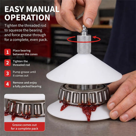 Bearing Grease Packer Tool For Cars Trucks And Trailers Fast Uniform Wheel Bearing Lubrication in use with red grease.
