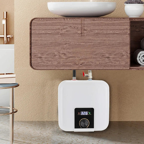 Under Counter Instant Electric Water Heater 1500 Watt Rapid Heat Small Tank Faucet Installation For Kitchen Sink And Bath Quick Warm Flow Smooth Top Shelf Finish mounted underneath cabinet with digital control panel.