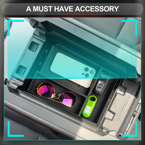 Mazda CX 90 CX 70 Center Console Organizer Tray For 2024 2025 2026 Models showing installed storage with phone, glasses, keys