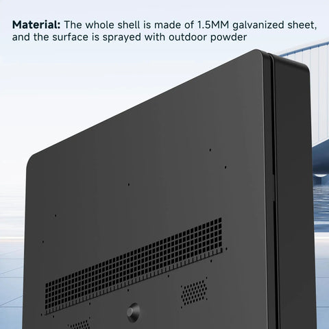 High Octane Outdoor Floor Standing Digital Signage Display Features A Rust Proof Galvanized Steel Chassis With Shatter Resistant Glass Plus Rock Solid Wifi Hdmi Usb Ports Running Smooth Android Apps Built To Crush Busy Retail Stores Subway Lines And back view showcasing 1.5MM galvanized shell with ventilation.