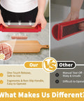 Comparison of Hot Dog Cutter Criss Cross Slicer showing no-touch release, one-touch eject, and ergonomic handle features.