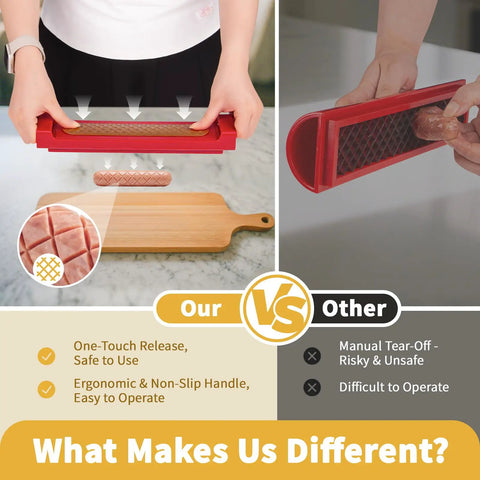 Comparison of Hot Dog Cutter Criss Cross Slicer showing no-touch release, one-touch eject, and ergonomic handle features.