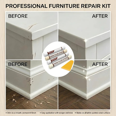 Make Your Furniture Look Spotless Straight Up With Premium White Wood Repair Wax Sticks And Seamless Wood Filler Putty To Hide Scratches Cabinet Gouges Fast DIY Kit, before and after furniture repair results.