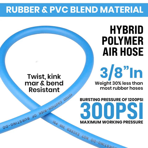 Hybrid Air Hose 3/8 Inch By 100 Feet 300 PSI Heavy Duty showing kink resistance and rubber PVC material blend in blue.