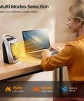 Woman using Compact Ceramic Space Heater with Adjustable Thermostat and Overheat Protection on desk in home office