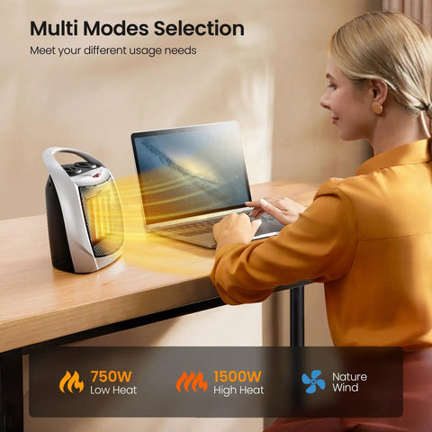 Woman using Compact Ceramic Space Heater with Adjustable Thermostat and Overheat Protection on desk in home office