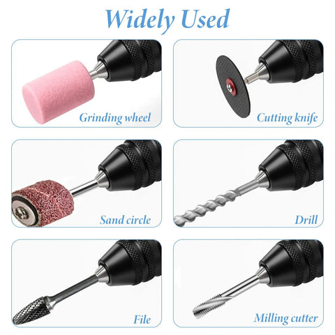 Two Pack Keyless Drill Chuck Adapter For Impact Driver 1 Quarter Inch Hex Shank Fast Change Converter Tool Attachment Extension DIY Friendly Wide Clamping Range From 0.3 To 6.5 mm And 0.3 To 3.6 mm displayed with various tool attachments including grinding wheel, cutting knife, and more.