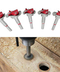 Kickin Out Flawless Holes With Zero Sweat From This Top Shelf Five Piece Forstner Drill Bit Set Featuring Adjustable Pilot Guide For Smooth Hinge Boring On Hardwood, displaying bits and usage.