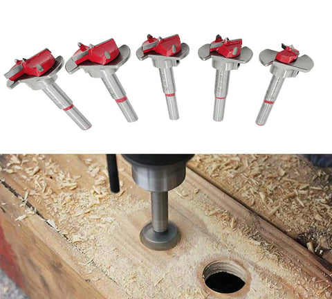 Kickin Out Flawless Holes With Zero Sweat From This Top Shelf Five Piece Forstner Drill Bit Set Featuring Adjustable Pilot Guide For Smooth Hinge Boring On Hardwood, displaying bits and usage.