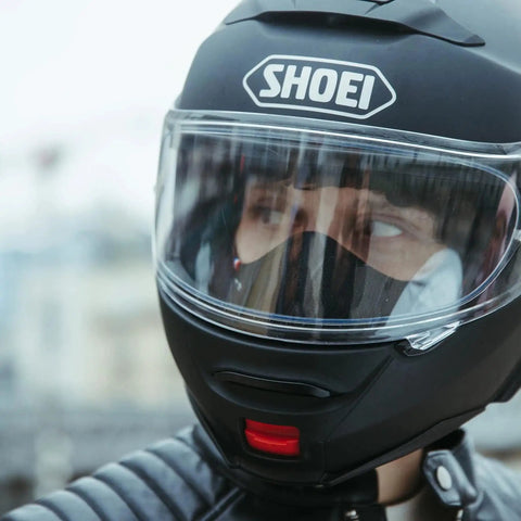 Rider with Road Ready Nano Light Hexagon Motorcycle Half Face Mask With Anti Pollution Filter under helmet.