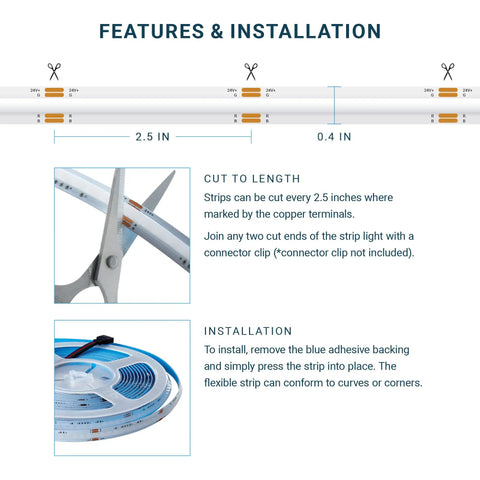 Features and installation for Dimmable 24V RGB COB LED Strip Light Kit 16.4ft UL Listed 12W/M Flexible Cuttable Lighting