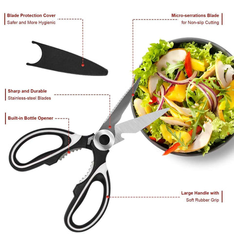Heavy Duty Kitchen Scissors Set with stainless steel blades and bottle opener cutting salad, includes blade protection cover, 2 pack.