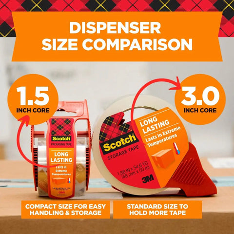 Dispenser size comparison showing 1.5 inch core and 3.0 inch core of clear packing tape that sticks through extreme temperatures, built to last.