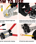 How-to guide for Beefy Battery Cable Lug Crimping Tool Kit For AWG 10 To 1/0, showing steps in using the crimper tool.