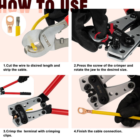 How-to guide for Beefy Battery Cable Lug Crimping Tool Kit For AWG 10 To 1/0, showing steps in using the crimper tool.