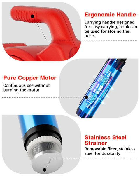 Portable Battery Powered Transfer Pump 635GPH 120W with ergonomic handle, pure copper motor, stainless steel strainer.