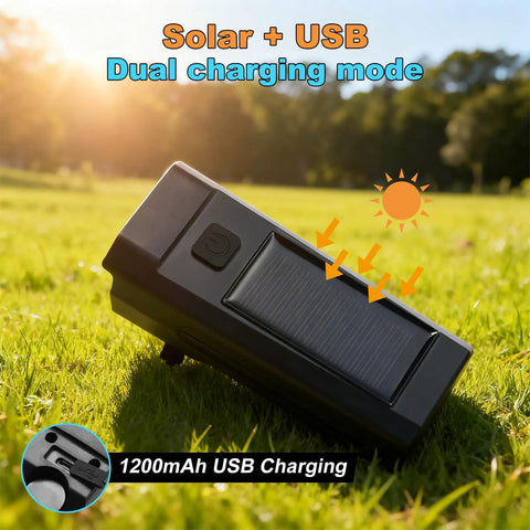Dope 300 Lumen USB Rechargeable Bike Lights With 8 Modes And Solar Charge showing solar panel in outdoor setting