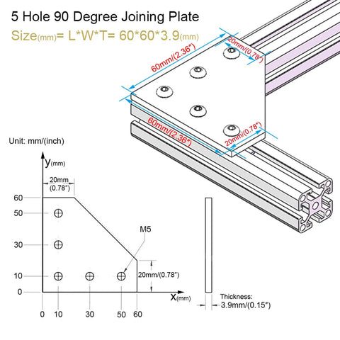 5-hole 90-degree joining plate with dimensions, suitable for 8 Sets 2020 Aluminum T Slot Corner Brackets For 20 By 20 20mm Extrusion.