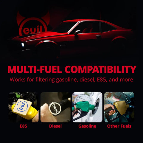 Image of a red car highlighting multi-fuel compatibility, showing E85, diesel, gasoline fueling for 58 PSI Fuel Filter Regulator For LS Swap EFI Conversion C5.
