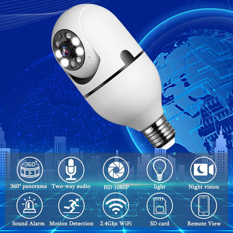 Light Bulb Security Cam 1080P HD, 2.4GHz WiFi, Night Vision, Motion Detection, Remote Viewing, Two Way Talk, product features