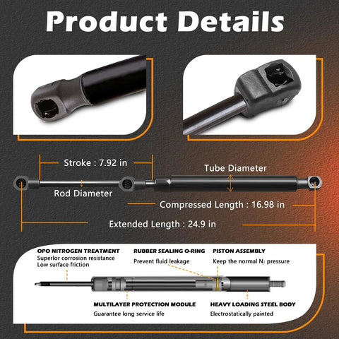 Detail image showing dimensions and features of Heavy Duty 2 Pack Liftgate Struts And Rear Trunk Supports Compatible With Nissan Rogue 2014 To 2020.