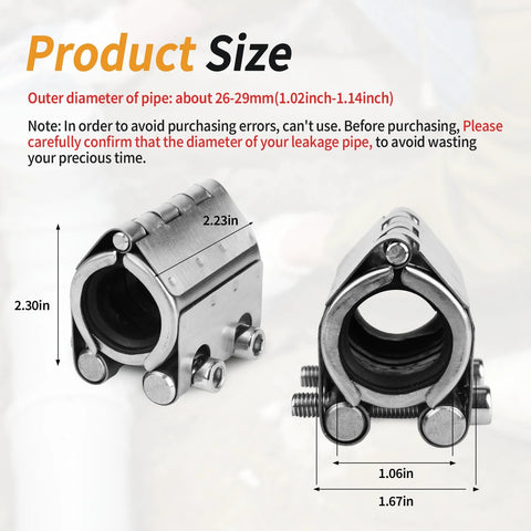 pipe repair clamp 26-29mm size diagram featuring stainless steel and rubber seal, designed for emergency leak repairs in water and gas lines.