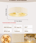 Jughtbo Boho Caged Fandelier Ceiling Fans with Lights and Remote Control showing natural fabric shade, dimensions, and transparent fan blades.