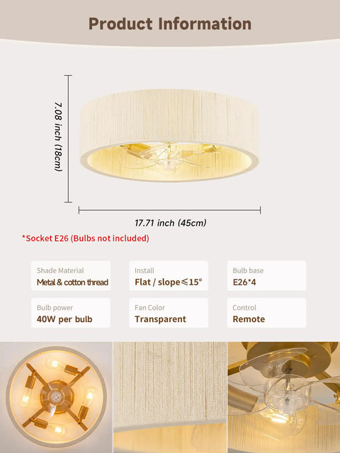 Jughtbo Boho Caged Fandelier Ceiling Fans with Lights and Remote Control showing natural fabric shade, dimensions, and transparent fan blades.
