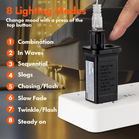 Close-up view of plug for 300 LED Curtain String Lights With 8 Modes Plug In Fairy Lights For Bedroom Wedding Party Birthday Indoor Outdoor Backdrop Decoration Warm White For Indoor Outdoor Living Spaces showing mode switch.
