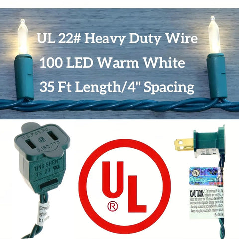 100 LED Warm White Christmas String Lights With 35 Ft White Wire UL logo and plug details, heavy-duty wire focus