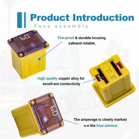 Close-up of Auto Fuse Kit 10 Piece Pack 20A 30A 40A 50A 60A, showing tall and low-profile box fuses with time delay protection.
