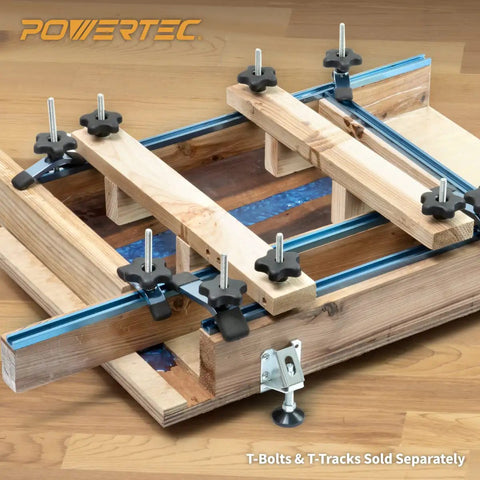 Five Pack Heavy Duty 1/4 20 Thread Five Star Thumb Screws for T Track Table Saws securing wooden jigs on a work surface.