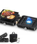 Two Burner Foldable Camp Stove With Dual Surface Griddle Textured And Smooth For Grilling And Breakfast On The Go