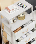 Tall 4 Drawer Dresser With Wood Top And Sturdy Steel Frame For Bedroom Or Hallway Storage Vertical Storage Nightstand Organizer In White showing books and decor