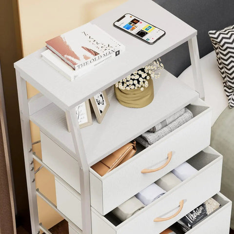 Tall 4 Drawer Dresser With Wood Top And Sturdy Steel Frame For Bedroom Or Hallway Storage Vertical Storage Nightstand Organizer In White showing books and decor