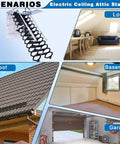 Electric Attic Ladder With Retractable Loft Stairs And Hidden Ceiling Access Featuring Heavy Duty Alloy Frame And Wide Non Slip Treads For One Push Motorized Operation shown in roof, loft, basement, and garage scenarios.