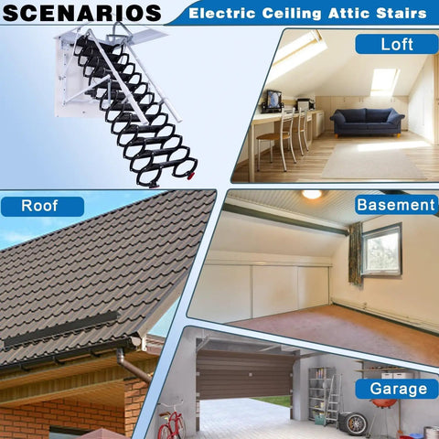 Dead Simple Pull Down Electric Attic Ladder With Retractable Loft Stairs and No Sweat Hands Free Telescoping Rail for Hidden Home Storage Stash In Slick Black shown in various scenarios including loft, basement, garage, and roof.