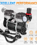 Angled side view of oil-free lab vacuum pump with two ports, pressure gauge, oil–water separator, silencer, and rubber feet.
