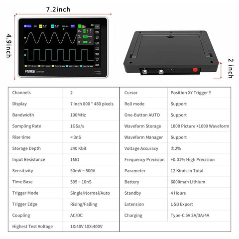 Grab-And-Go Portable Handheld Oscilloscope with 7 inch touch screen, 2 channels, 100MHz bandwidth, and specification table.