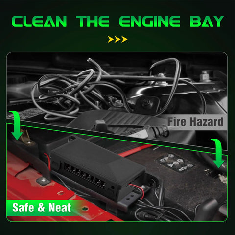 8 Gang Wireless Switch Panel 164 Ft Remote With 4 Control Modes Memory Function Rugged Auxiliary Multifunction Switch Panel in engine bay showing neat organization.