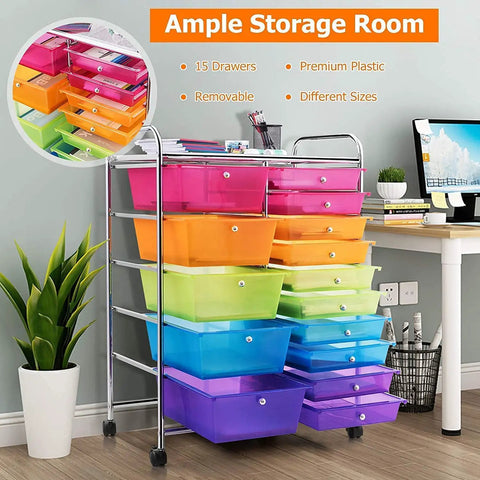 15 Drawer Rolling Storage Cart With Lockable Wheels A Handy Multipurpose Rainbow Organizer For Home Office And School With Top Shelf