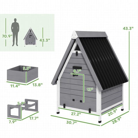 Outdoor Wooden Chicken Coop For Two Hens With Removable Nesting Box, Roosting Bar, Tray, And Ramp, Built Tough Dual Function Poultry Cage And Rabbit Hutch, Weatherproof 31 By 29 By 43 Inches Grey with measurements.