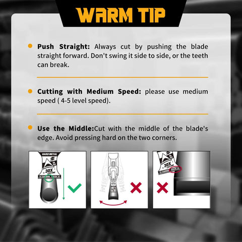 Instructional graphic on using the Pro Level Upgraded Carbide Oscillating Tool Blades Eight Piece Set for optimal cutting techniques.