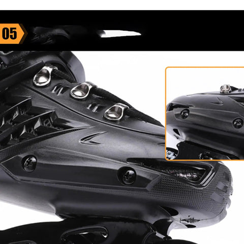 Close-up of Unisex Inline Skates For Speed Skating With 4 By 76 Wheels Safe Ratchet Buckle And Laces Full Shell Upgraded Brakes in gold