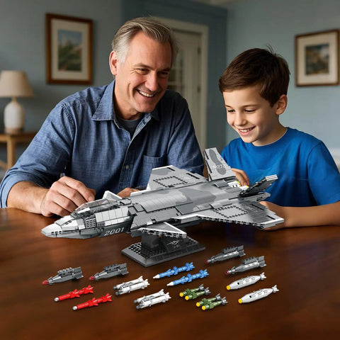 Father and son building J20 Stealth Fighter Building Block Set For Adults, Military Aircraft Model Kit with accessories.