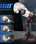 360° rotating crimping head of Heavy Duty Rechargeable Electric Hydraulic Cable Lug Crimper for 8AWG to 800MCM.