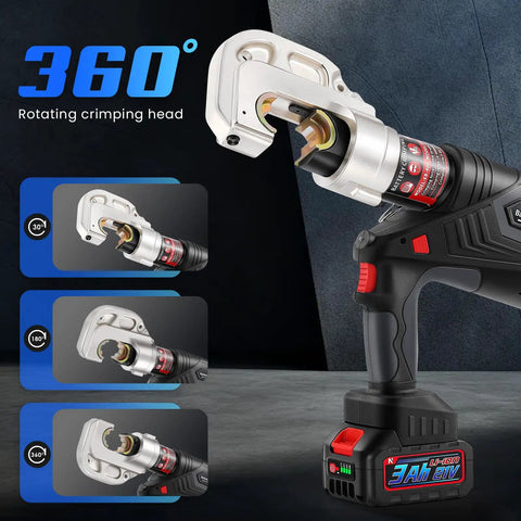 360° rotating crimping head of Heavy Duty Rechargeable Electric Hydraulic Cable Lug Crimper for 8AWG to 800MCM.